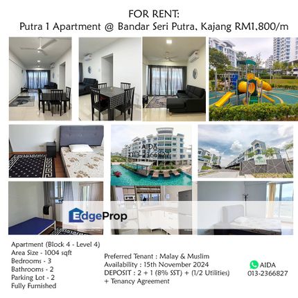 Putra 1 Apartment @ Bandar Seri Putra, Kajang For Rent 1,800/momth, Selangor, Kajang