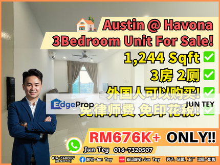 New Havona 3 Bedroom Unit For Sale!Near Setia indah Mount Austin Bandar Dato Onn Seri Austin Desa Tebrau Pelangi Indah Taman Gaya Eco Summer, Johor, Johor Bahru