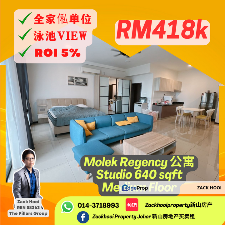 Molek Regency, Johor Bahru, Johor @ Fully Furnished With ROI Studio Unit For Sale, Johor, Johor Bahru
