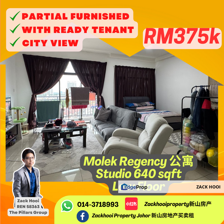 Molek Regency , Johor Bahru, Johor @ Low Floor Studio with City View & Tenanted Unit For Sale, Johor, Johor Bahru