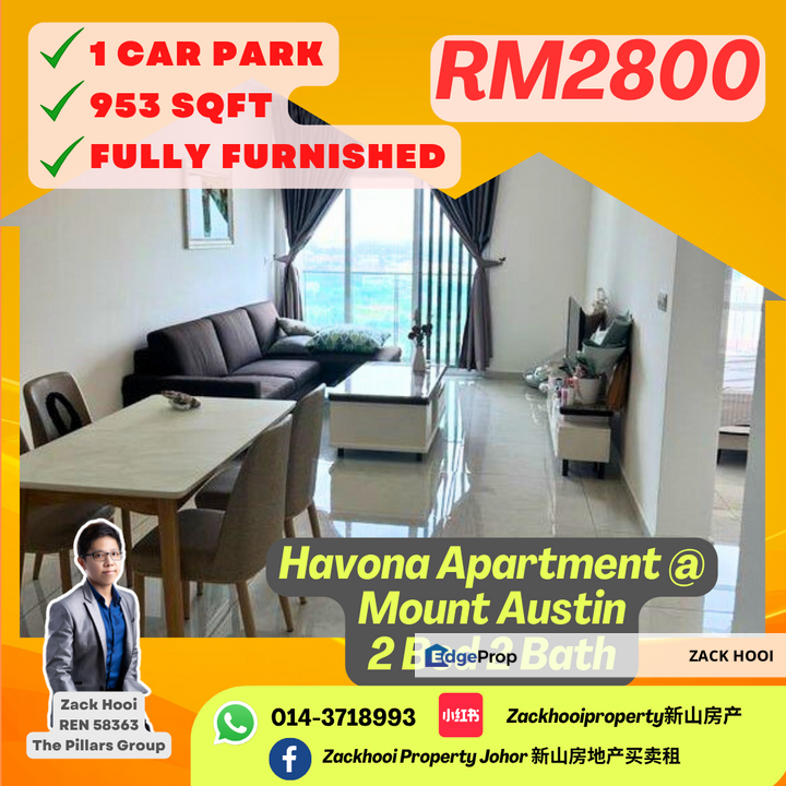 Havona Residence @ Taman Mount Austin, Johor Bahru, Johor @ Fully Furnished 2 Bed 2 Bath For Rent, Johor, Johor Bahru