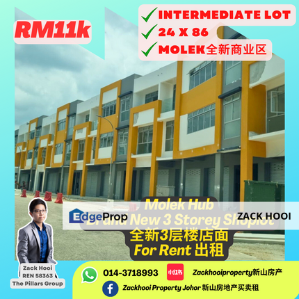 Molek Hub Brand New 3 Storey Shoplot for rent 全新3层店面出租, Johor, Johor Bahru