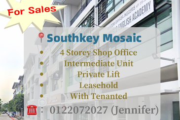 (Private Lift) 4 Storey Shop Office with Tenanted, Persiaran Southkey, Southkey Mosaic @ For Sales