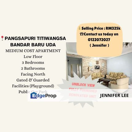 Apartment Fully Furnished & Unblock View Pangsapuri Titiwangsa, Bandar Baru Uda for Sales, Johor, Johor Bahru