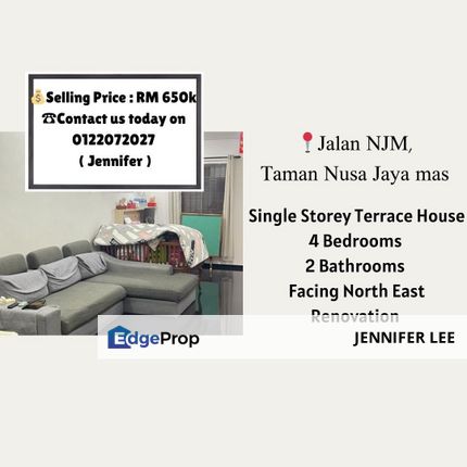 Single Storey Terrace House Jalan NJM, Taman Nusa Jaya Mas, Skudai,Johor for Sales, Johor, Skudai