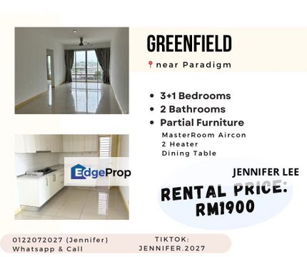 Greenfield near Paradigm with Partial Furniture, JB for Rent., Johor, Tampoi