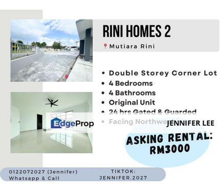 Original Double Storey Corner Lot, Rini Homes, Taman Mutiara Rini, Skudai JB for Rent., Johor, Skudai