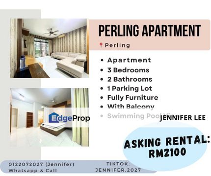 Perling Apartment with Fully Furnished, Swimming Pool View, Perling Apartment, JB for Rent., Johor, Johor Bahru