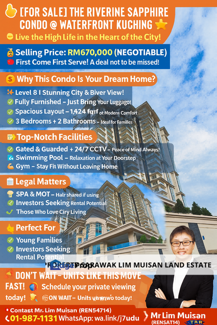 The Riverine Sapphire Condo at Waterfront in Kuching City for Sale, Sarawak, Kuching