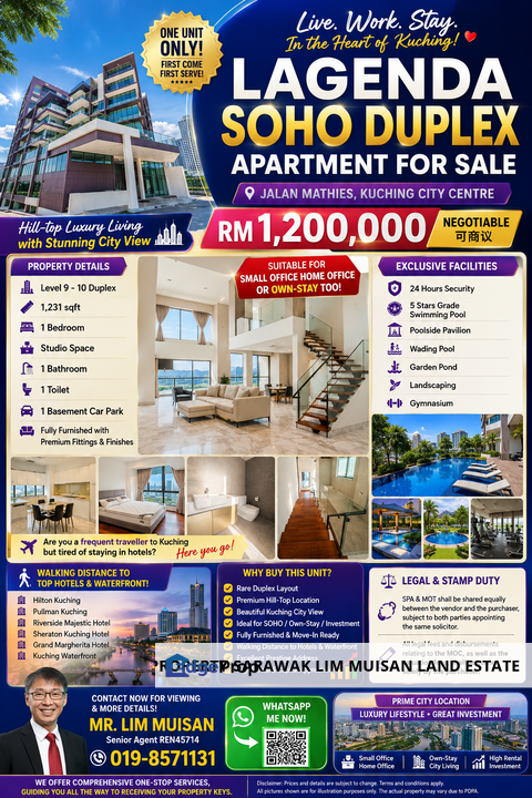 Level-9-10: Lagenda SOHO Duplex Apartment at Jalan Mathies in Kuching for Sale, Sarawak, Kuching