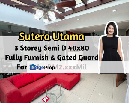 Taman Sutera Utama, Skudai, Johor, 3 Storey Semi D, Unblock, Fully Furnished, Gated Guarded, Johor, Skudai
