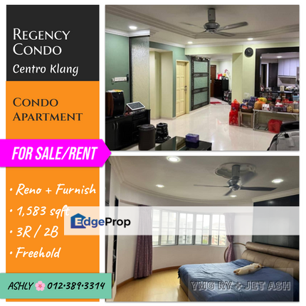 🌸 1,583sf Spacious Condo / Apartment for Sale or Rent  📍 Regency Condominium,  Klang , Selangor, Selangor, Klang