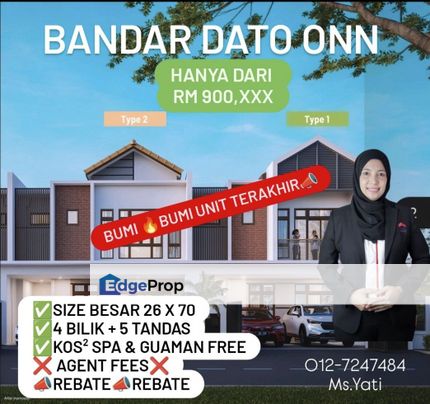 Bandar Dato Onn Rumah 2 Tingkat ❗Saiz Besar  24 x 70 ❗NO Agent Fees❗ Zero Moving Cost❗Rebate Istimewa Menanti ❗BUMI UNIT TERAKHIR ❗BUMI UNIT TERAKHIR , Johor, Johor Bahru