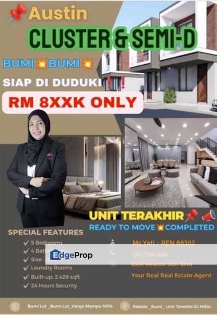 Zero Cost Moving ‼️Rumah Cluster SIAP Di Duduki ‼️NO Agent fees ‼️BUMI ‼️BUMI‼️Unit Terakhir📣📣 Harga Mampu Milik‼️, Johor, Johor Bahru