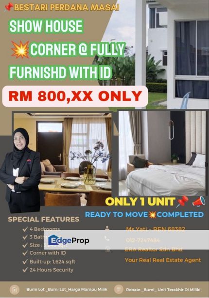 Show House To Sell  With ID😍 ‼️Fully Furnished‼️Corner ‼️Unblock View‼️ NO Booking Fee‼️No Agent fee‼️💯Full loan‼️, Johor, Pasir Gudang