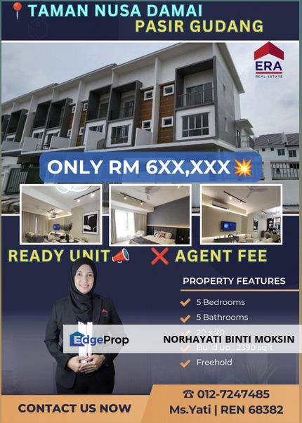 Pasir Gudang @ Taman Nusa Damai‼️3 Storey House ‼️Ready Units NOW🤩Cash Back‼️💯% Loan‼️, Johor, Pasir Gudang