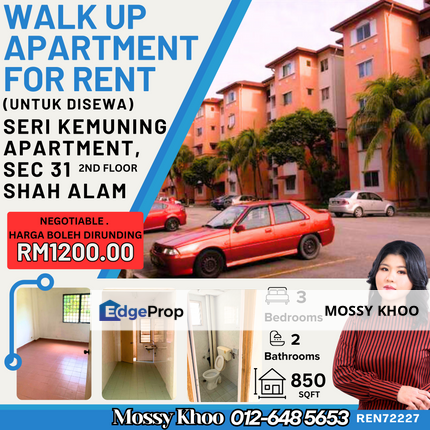 WALK APARTMENT FOR RENT, UNTUK DISEWA, PANGSAPURI SERI KEMUNING, near to KOTA KEMUNING, BUKIT KEMUNING, SEC 23, 24, 25 SHAH ALAM, PM FOR VIEWING, Selangor, Kota Kemuning