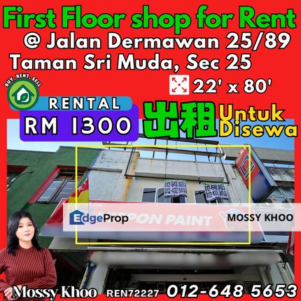 First Floor, Shop House for Rent, Taman Sri Muda, Jalan Dermawan 25/89, Facing Main Road, Petron Station, Call me for Viewing Appointment, Selangor, Shah Alam