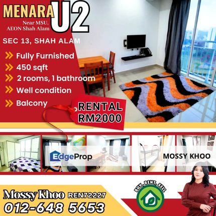 Sec 13, Shah Alam, Fully Furnished, Menara U2 Condominium For Rent (untuk Disewa) near MSU, Aeon Shah Alam, Near by factories PM Now, Selangor, Shah Alam