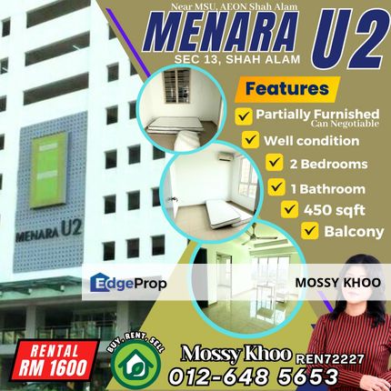 👍Sec 13, Menara U2, Shah Alam, Near Aeon Shah Alam, Near MSU , Partially Furnished, can Negotiable, PM me for viewing. Few units on hand., Selangor, Shah Alam