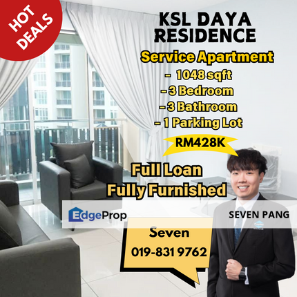 KSL DAYA RESIDENCE Full loan 3 Bed 3 Bath Fully Furnished Sell with Tenancy Pool View, Johor, Johor Bahru