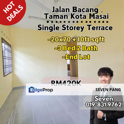 Jalan Bacang Taman Kota Masai at Pasir Gudang Single Storey Terrace 3 Bed 2 Bath  20 x 70+ 10ft land Endlot Newly Painted, Johor, Pasir Gudang