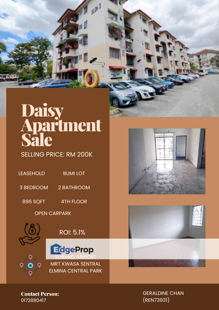 Taman Subang Perdana Pangsapuri Daisy Shah Alam 896 sqft Near MRT Bumi Lot, Selangor, Shah Alam
