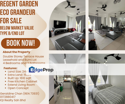 Below Developer Price Super Value End Lot Regent Garden Eco Grandeur with Extra 15 Feet Land and Extend Living Room, Selangor, Bandar Puncak Alam
