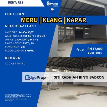 INDUSTRIAL WAREHOUSE FOR RENT – MERU, KLANG, Selangor, Klang
