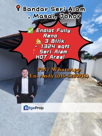 Bandar Seri Alam/Masai/Pasir Gudang/Taman Flora Heights/ Taman Rinting/Double Storey/End Lot Renovated/RM458K – Masuk Terus! Freehold & Extra Tanah, Johor, Masai