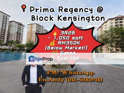 Johor Jaya/Plentong/Masai/Permas Jaya/Prima Regency/Block Kensington Court/Apartment/3Room/RM350K – Low Floor + Tenanted, Johor, Plentong