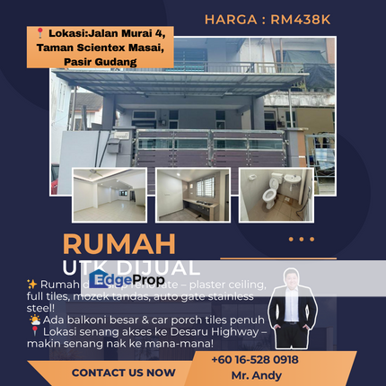 Masai / Pasir Gudang / Kota putri / Double Storey Terrace / Taman Scientex / RM438K – End Lot Fully Reno, Akses Desaru!, Johor, Pasir Gudang