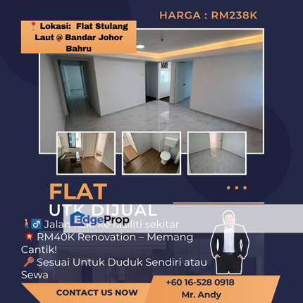 Stulang Laut / Flat / RM238K – Fully Renovated 🔥 Lokasi Tengah Bandar!, Johor, Johor Bahru