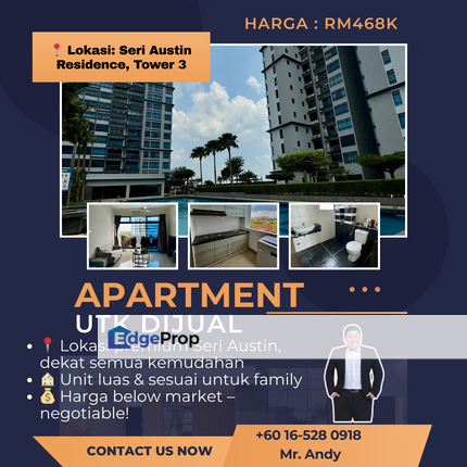 Seri Austin / Tebrau / Taman Molek / Johor Bahru / Luxury Apartment / RM468K – 3+1 Rooms + 2 Parking!, Johor, Johor Bahru