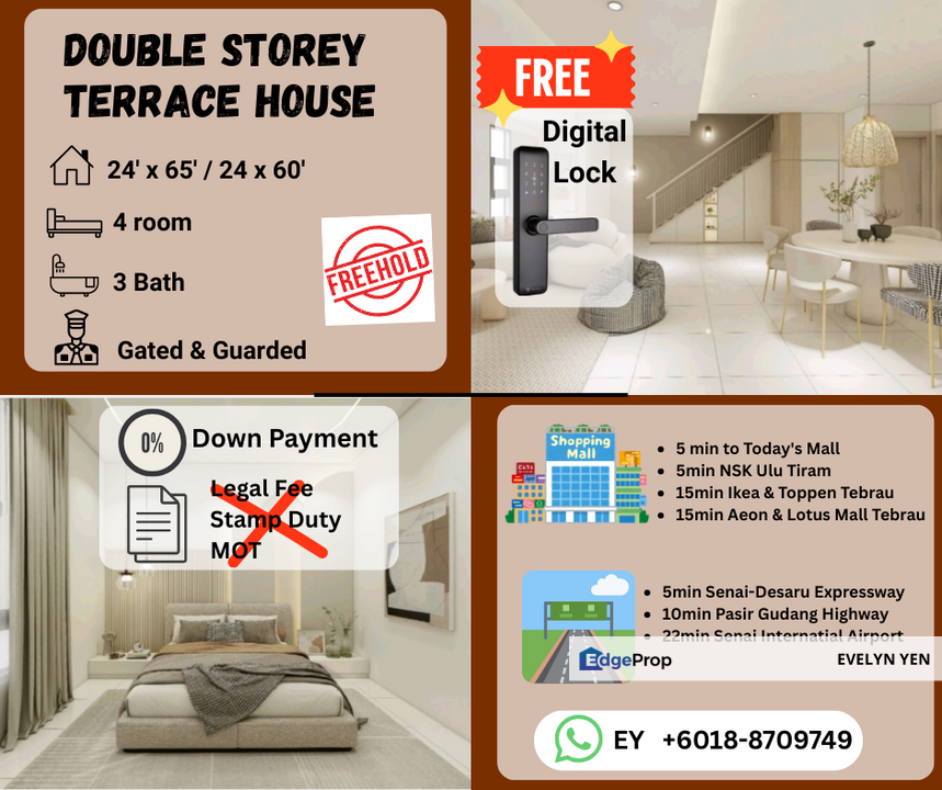 Bandar Tiram @ New Project @Double Storey Terrace House ,4room 3bath ,Freehold, Gated & Guarded., Johor, Ulu Tiram