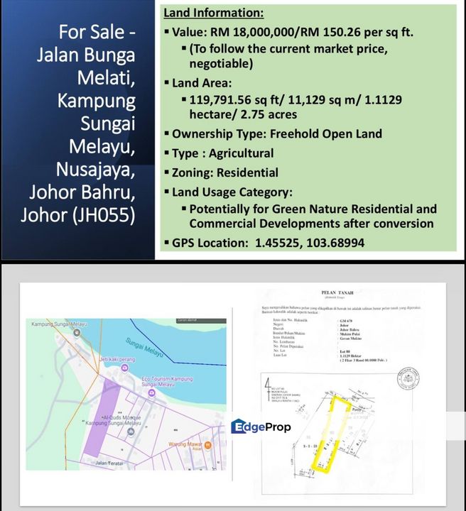 KAMPUNG SUNGAI MELAYU, NUSAJAYA FOR SALE, Johor, Johor Bahru