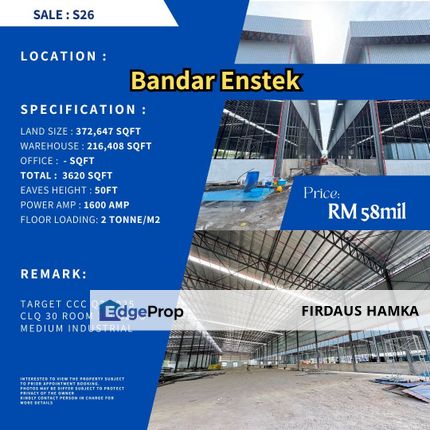 
WAREHOUSE / FACTORY FOR SALE — Bandar Enstek, Negeri Sembilan, Nilai