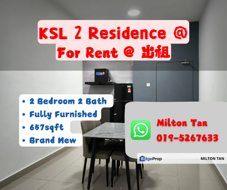 KSL 2 Residence @Kangar Tebrau Johor Bahru Johor Apartment For rent Brand New Unit Fully Furnished Without TV RM 2000, Johor, Johor Bahru