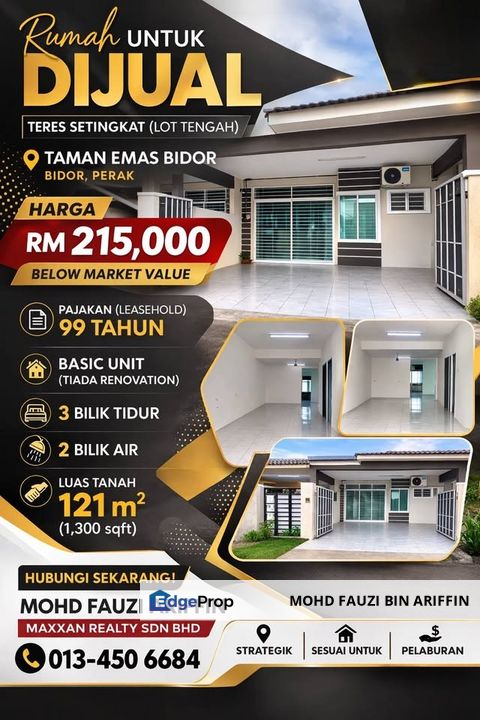 RUMAH TERES 1 TINGKAT UNTUK DIJUAL DI TAMAN EMAS, BIDOR, PERAK, Perak, Bidor