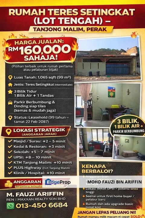 RUMAH TERES 1 TINGKAT UNTUK DIJUAL DI RUMAH AWAM 3, TANJUNG MALIM, PERAK, Perak, Tanjung Malim
