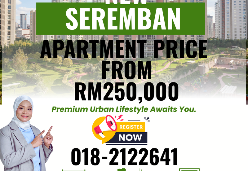 NEAR EXIT TOL AINSDALE SEREMBAN NEW APARTMENT with complete facilities including swimming pool, surau, multipurpose hall, and kindergarten.
