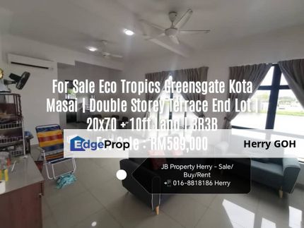 For Sale Eco Tropics Greensgate Kota Masai | Double Storey Terrace End Lot | 20x70 + 10ft Land | 3R3B, Johor, Masai