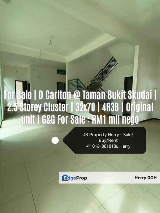For Sale | D Carlton @ Taman Bukit Skudai | 2.5 Storey Cluster | 32x70 | 4R3B | Original unit | G&G, Johor, Skudai