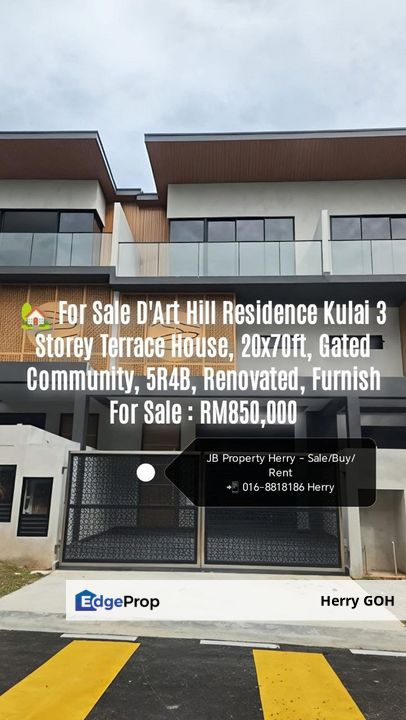 D'Art Hill Residence Kulai 3 Storey Terrace House, 20x70ft, Gated Community, 5R4B, Renovated, Furnish, Johor, Kulai