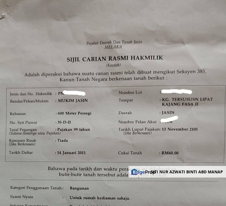 Tanah Lot Banglo Kg tersusun Lipat Kajang, Melaka, Jasin