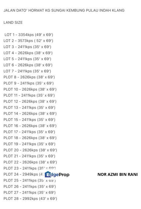 KLANG Pulau Indah 28 Tanah Lot Kediaman @ Jalan Dato' Hormat Kg Sg Kembung for Sale, Selangor, Klang