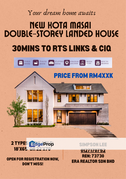 New KOTA MASAI Double-Storey Landed House| 30mins to RTS links & CIQ| Price from RM4xxK, Johor, Pasir Gudang