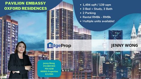 RENT: 3 Bed + 1 Study, 3 Bath @ Pavilion Embassy Oxford Residences @ Jalan Ampang, KL, Kuala Lumpur, Keramat