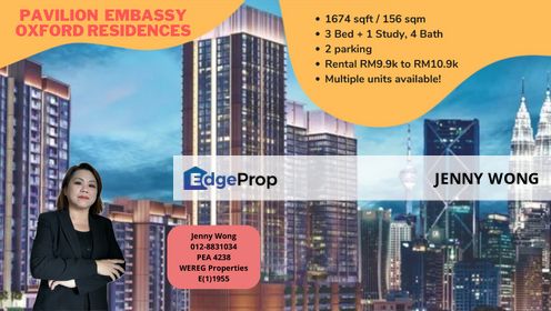 RENT: 3 Bed + 1 Study, 4 Bath @ Pavilion Embassy Oxford Residence @ Jalan Ampang, KL, Kuala Lumpur, Keramat