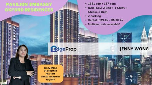 RENT: (Dual Key) 2 Bed + 1 Study + Studio @ Pavilion Embassy Oxford Residence @ Jalan Ampang, KL, Kuala Lumpur, Keramat